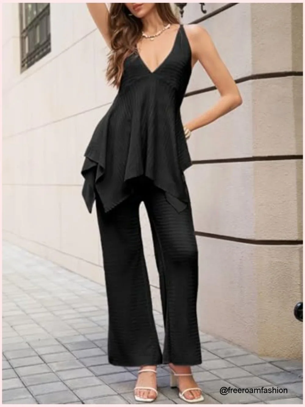 2 Piece Knit Sets Summer Vacation Outfits Deep V Neck Flowy Tank Tops Wide Leg